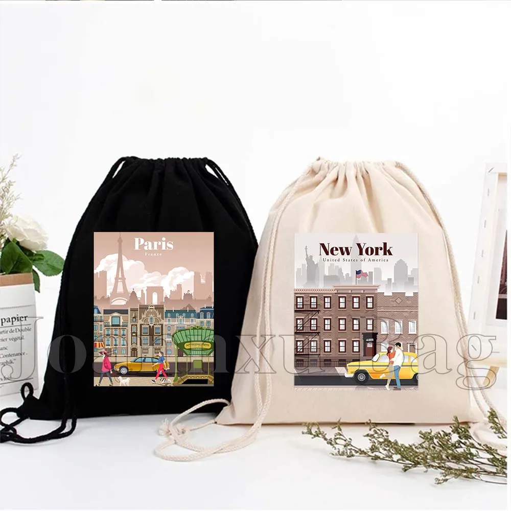 New York Paris London Dubai Madrid Moscow Amsterdam Rome Pisa Lisbon Lyon City Canvas Drawstring Bags Soccer Backpack Sackpack