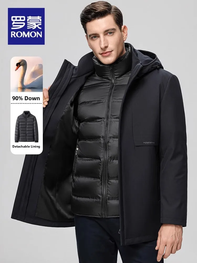 Men's Mid-Length Goose down Jacket Warm Stylish Urban Fashion Polyester Fiber Coat Detachable Hood Casual Style Winter Coat