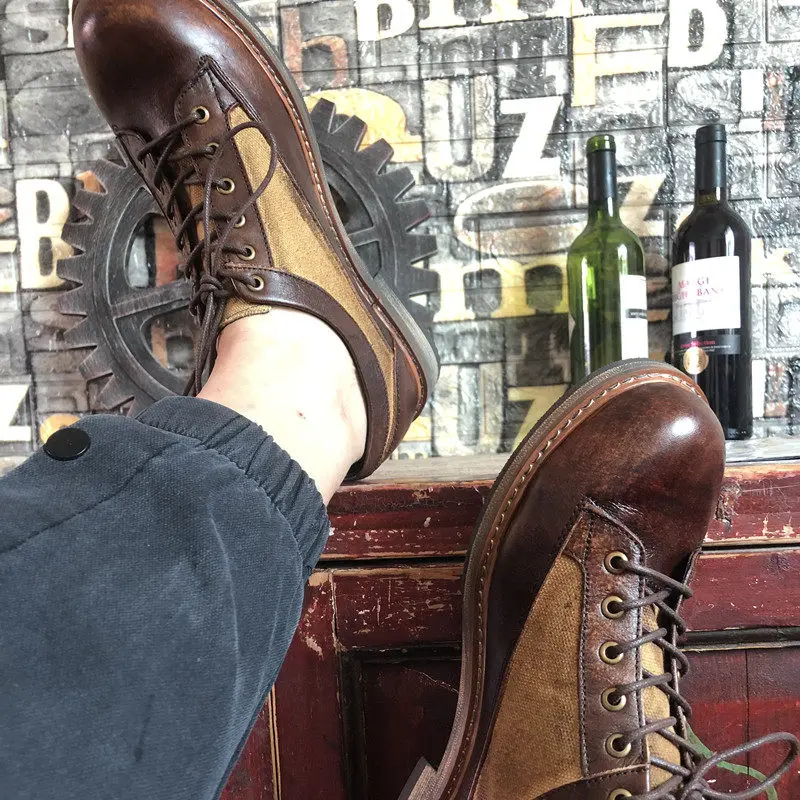 Big Size American Retro Hand-stitched Genuine Leather Men Shoes Amekaji Style Low-top British Work Shoes