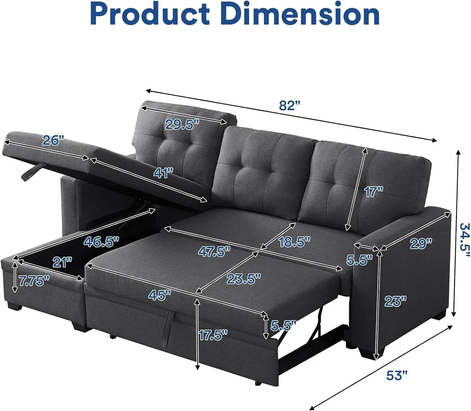 Sofa Couch, Sleeper Sofa Bed with Storage Chaise Pull Out Couch Bed for Living Room  Hidden Stroge