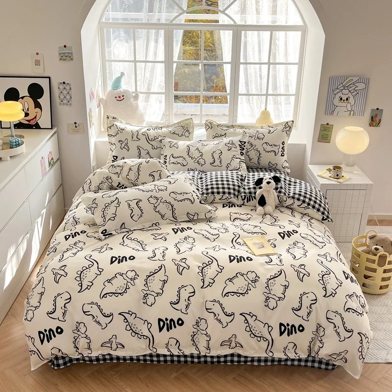 Boys Cartoon Dinosaur Duvet Cover 3Pcs Hand Drawn Retro Dino Bedding Set Cotton Reversible Plaid Comforter Cover Farmhouse Decor