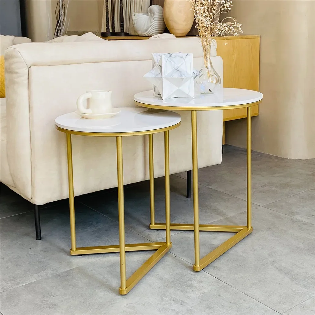 Modern Round Marble Metal Base Nesting Set Side Accent Table Living Room Storage Small End Table, Set of 2, Marble and Gold image 2