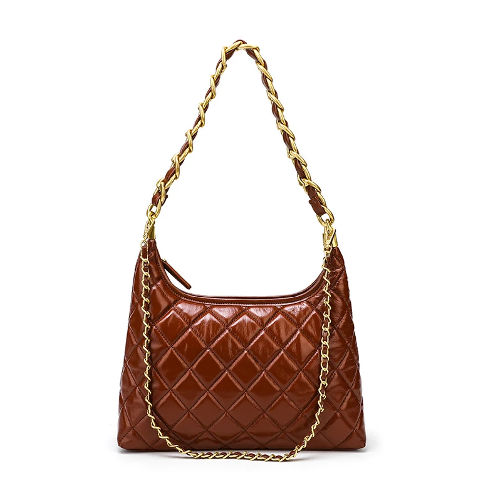 Autumn and winter new retro oil wax cowhide small fragrant style wilting grid thick chain hobo armpit bag high-end single should