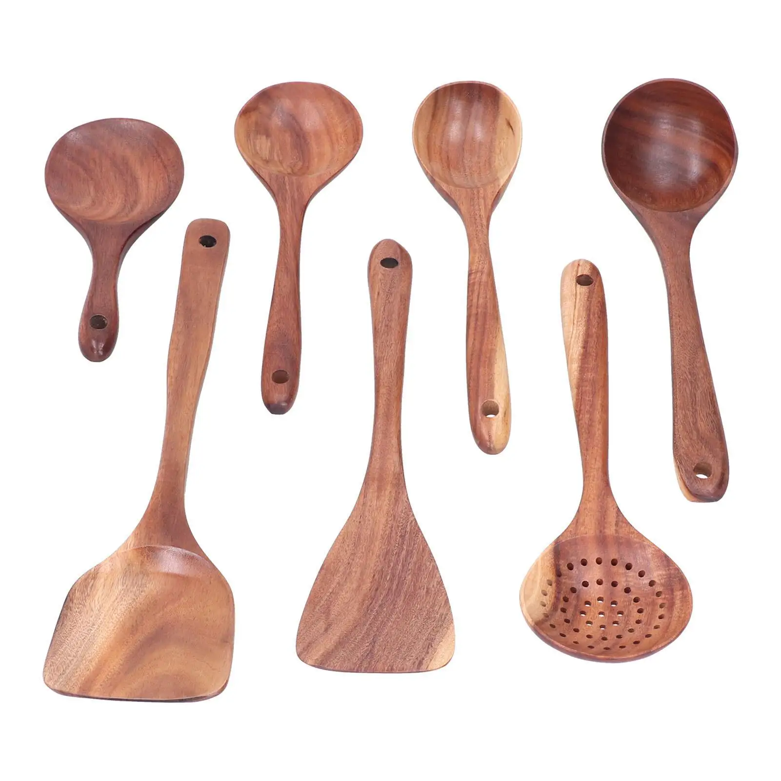 

Натуральная кухонная утварь из тикового дерева с антипригарным покрытием, набор кухонной утвари, прочная, тонкая работа, с подвесным отверстием, безопасный для здоровья