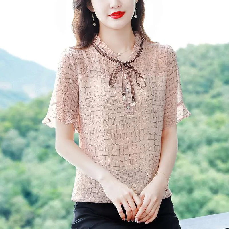 

Summer New Women's ort Sve Bronzing Chiffon irt Blouse Cleanfit Sle Floral Pattern Thin Fabric Easy to Deform