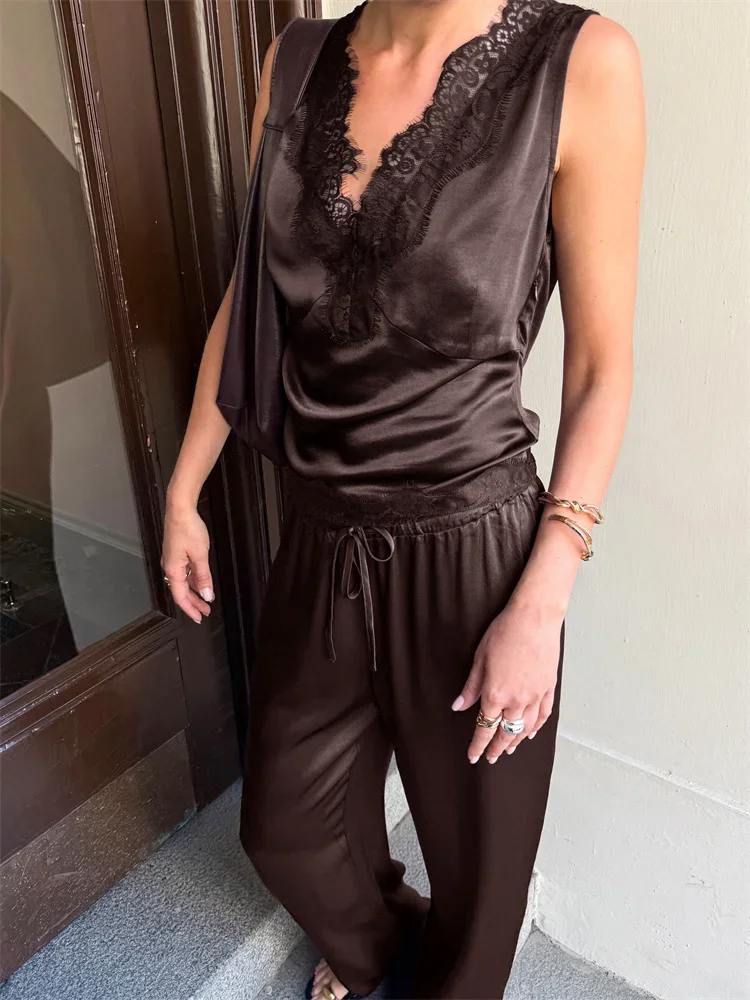 

2026 Lace Satin 2 Piece-Set Women Pants Sleeveless Patchwork Cropped Top And High Waist Elegant Straight Trousers Sets