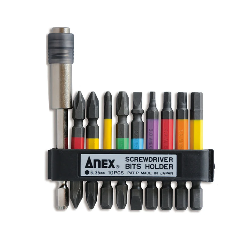 ANEX 9PCS Colorful Bit Set and Bit Extension Holder Both Manual and Electric PH/SL/HEX ACMH9-E