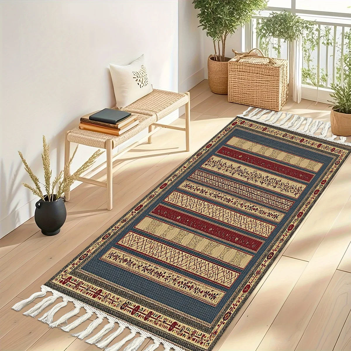 Retro Bohemian Stripe Mat, Kitchen/Bedroom/Entryway Universal Stain Resistant Non-Slip Floor Rug