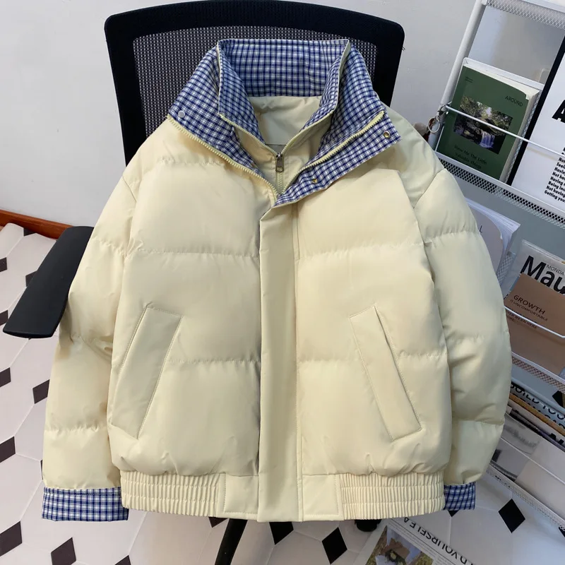 Winter New Fake Two-piece Stand-up Collar Plaid Cotton Clothes Loose Feeling Short Couples with The Same Coat