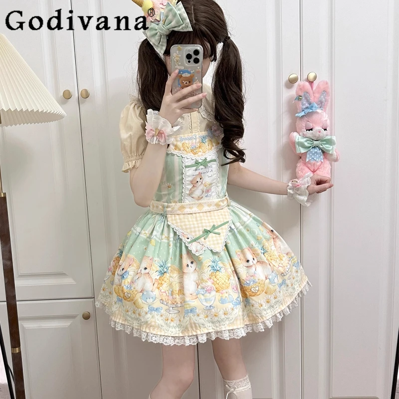 

Original Sweet Girls Y2k Print Lolita Strap Dresses Summer New Japanese Daughter Kawaii Short Dress Loli Lo Daily Birthday Dress