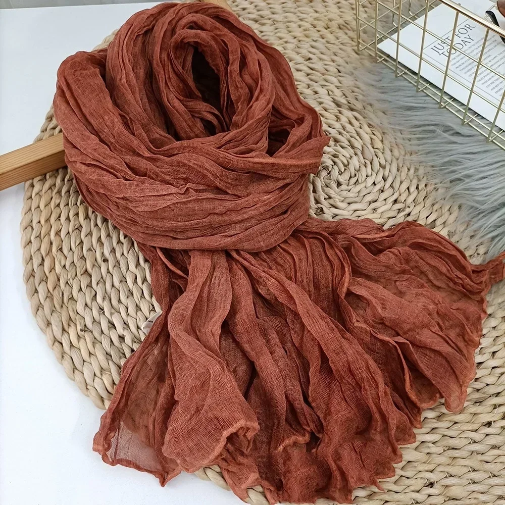 Cotton Linen Scarf Solid Color Female Literary Texture Fold Length Thin Fried Dough Twists Ethnic Spring Autumn Winter Shawls