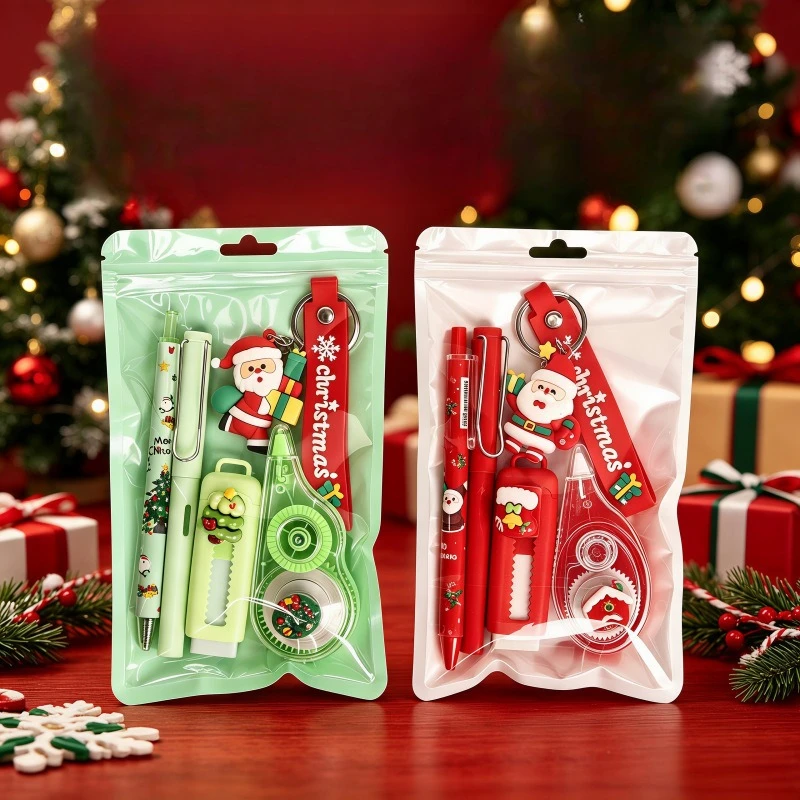 5Pcs/Bag Christmas Stationery Set Keychain Pencil Gel Pen Correction Tape Eraser Cute Santa Reindeer Xmas Gifts School Supplies​