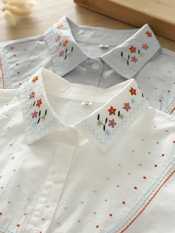 Pure Cotton White Shirts Women Turn Down Collar Ethnic Embroidery Tops Long Sleeve Loose Casual Blouses Autumn Spring T37962JM