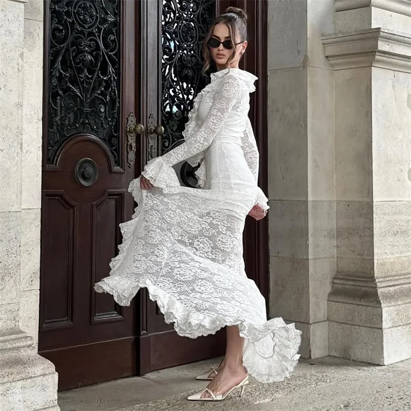 Autumn White Lace Women Prom Dress Sexy Full Flare Sleeves Long Split Sheath Party Gown Daily Casual Holiday Birthday Robe