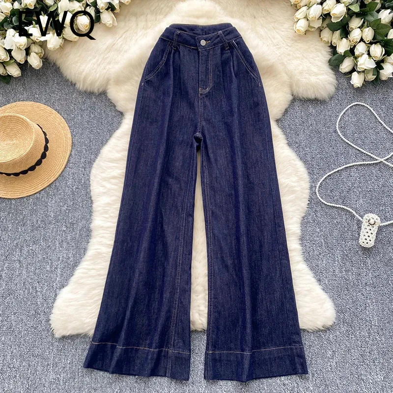 

EWQ Versatile Denim Pant For Women Casual High Waisted Loose Fit Simplicity Zipper Button Solid Color Wide Pants 2024 New 27X913