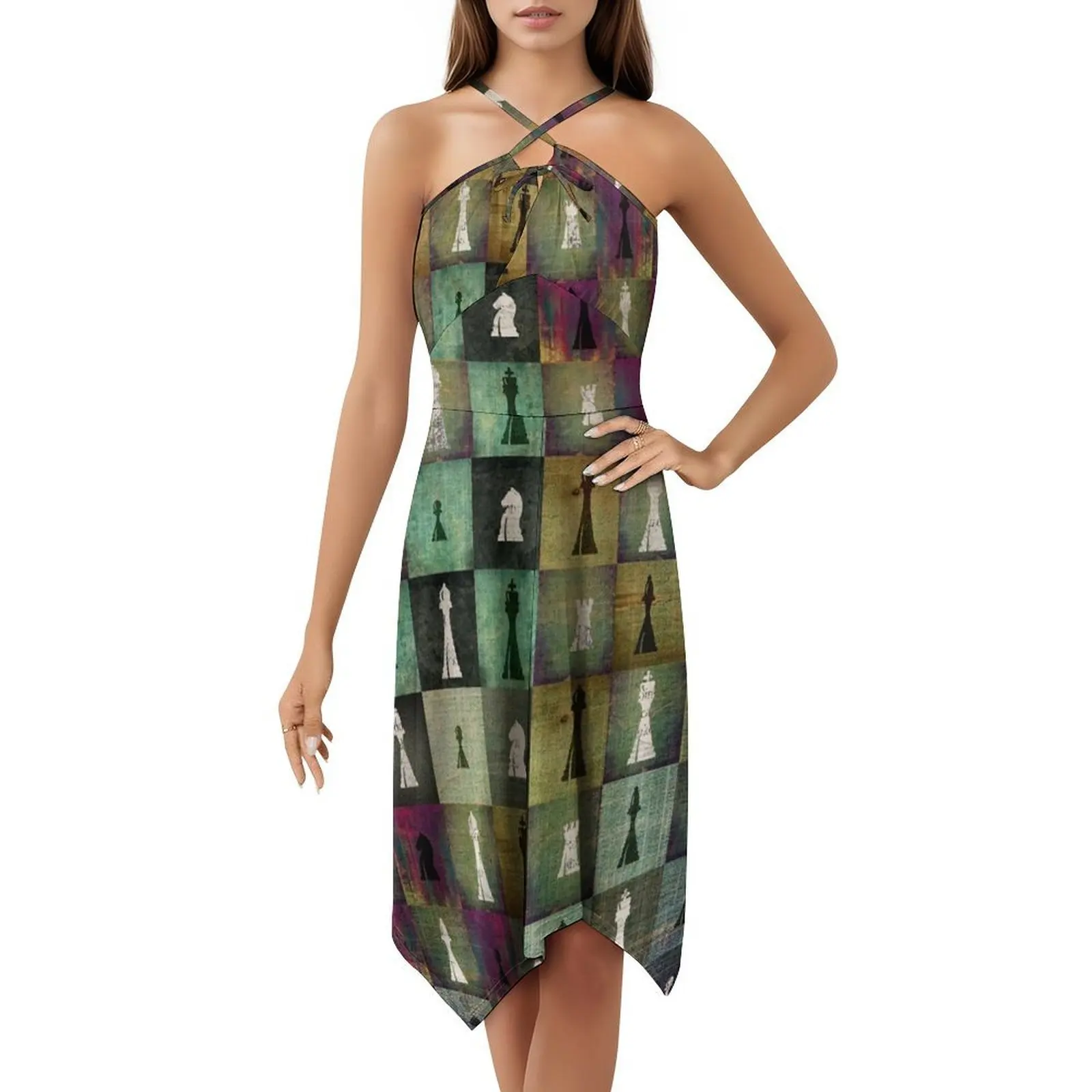 الطلاء والطباعة رقعة الشطرنج وقطع الشطرنج نمط حبيبته العنق فستان أنيق الصيف فستان الحفلات للنساء الأسقف الشطرنج #5