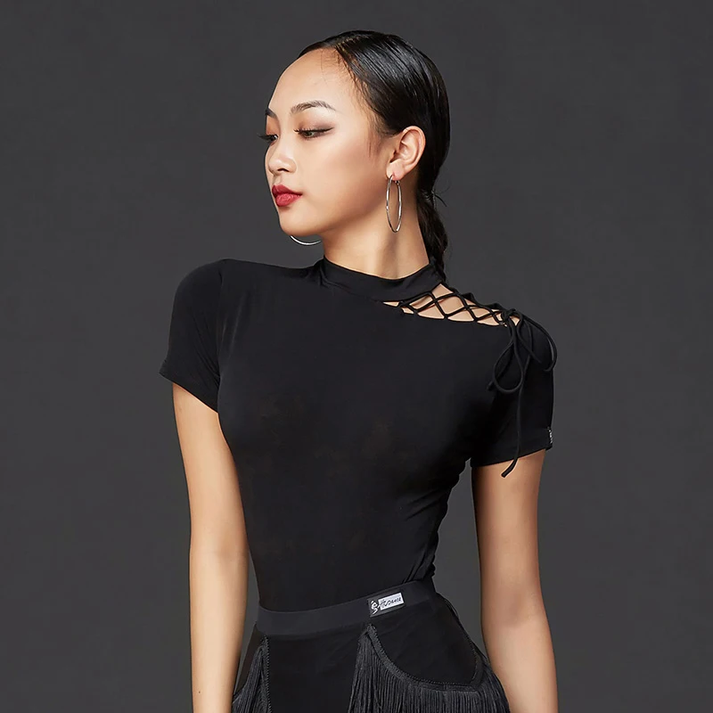 

2025 Latin Dance Top For Adult Sexy Black Short Sleeved Dance Practice Outfit Chacha Rumba Latin Practice Clothes Women DQS4716