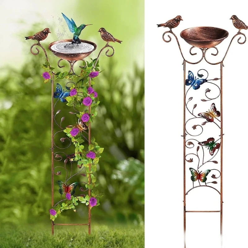 Elegant Metal Outdoor Plant Support With Water Bowl And Winged Animal Design For Yard Improvement B03E