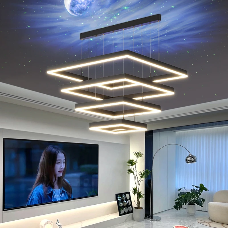 Square Led Chandelier For Living Room Dining Room Kitchen Bedroom Northern Lights Projection Rectangle Led Ceiling Pendant Lamp