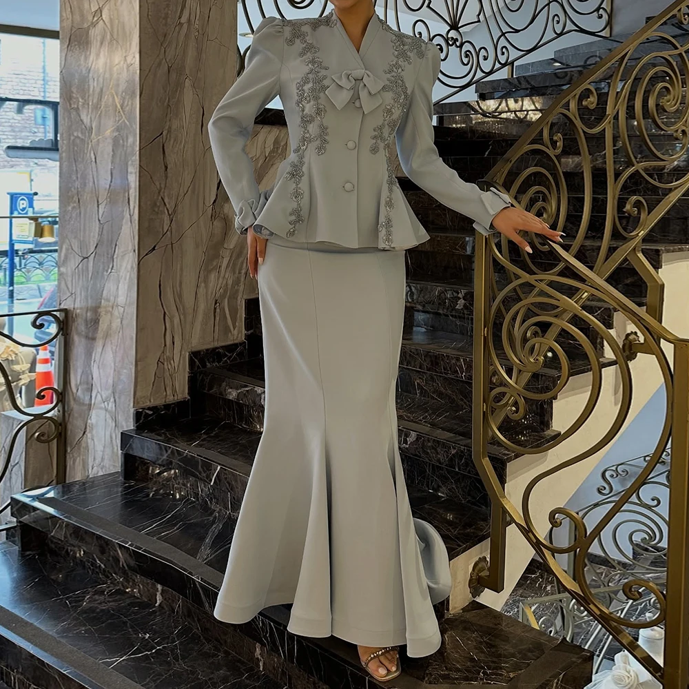 

Customized A-line Evening Dresses Ankle-length V-neck Full Sleeve Prom Gown Fashion Flowers Bow Button Simple Draped Party Gown