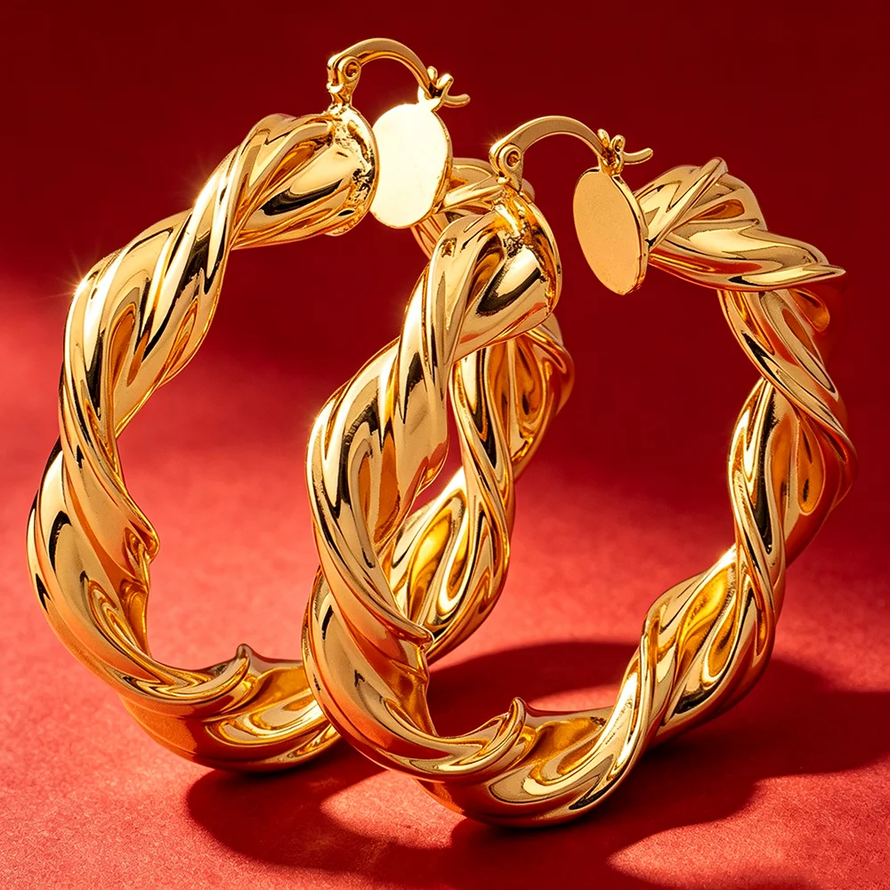 18K Gold Plated Twist Braided Chunky Gold Hoop Earrings Large Round Circle Loop Earrings Women Party Daily Gift