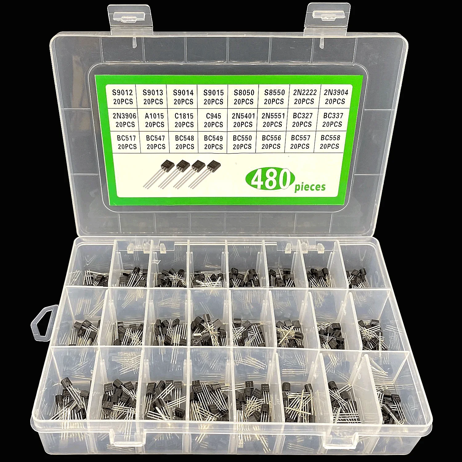 480Pcs 24 Types Silicon in-line NPN / PNP Transistor Assortment Kit Pack 2N2222 Components & Supplies Active Components