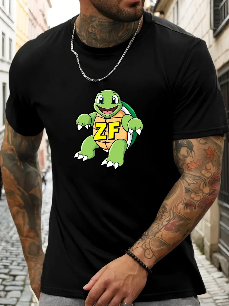 Mens Basic Cotton Crew Tee Cartoon Smiling Turtle ZF Initial Letter Cute Animal Print Casual Street Male Daily Short Sleeve Top