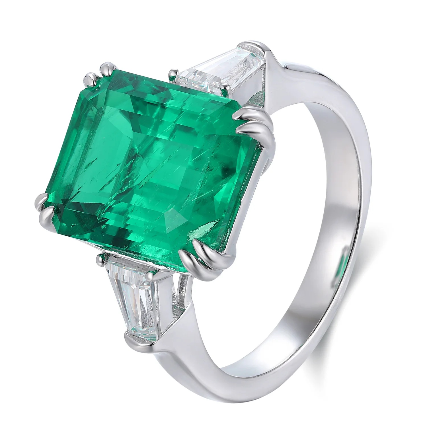 MuShan Luxury Jewelry 925 Sterling Silver Ring Lab Grown Green Emerald Cushion Engagement Ring for Women 18K Gold Plated Rings