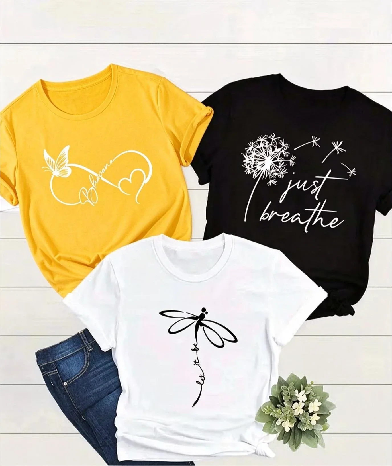 2026 Women 3-Pack Summer Casual T-Shirt Multipack, Effortless Chic Monochrome Graphic Print Tees, Crew Neck Short Sleeve Basic Tops For Female Daily Outfit