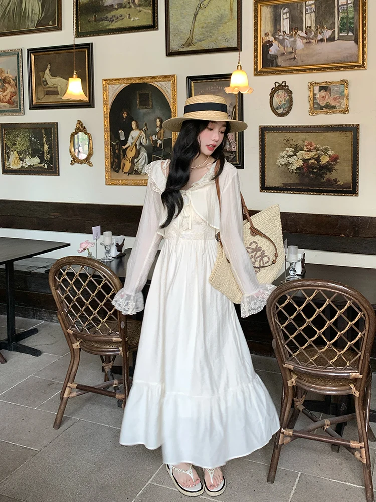 

Elegant Spring Fashion Set Women's Long Sleeve V-Neck Midi Dress with Open Cardigan Two-Piece Outerwear Gentle Wind Halter Dress