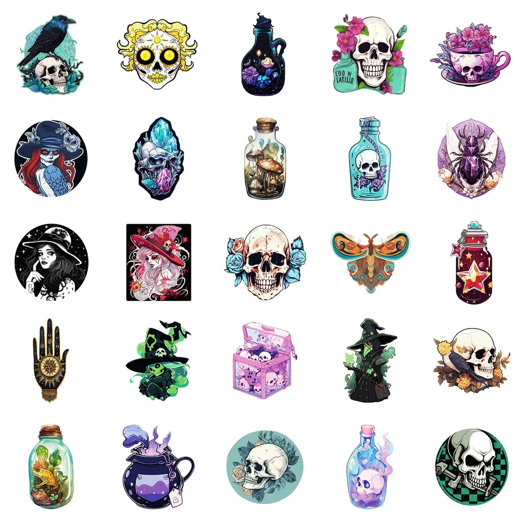 50PCS Magical Witch Gothic Skull Graffiti Stickers for Bicycle Hand Account Pencil Case Decals