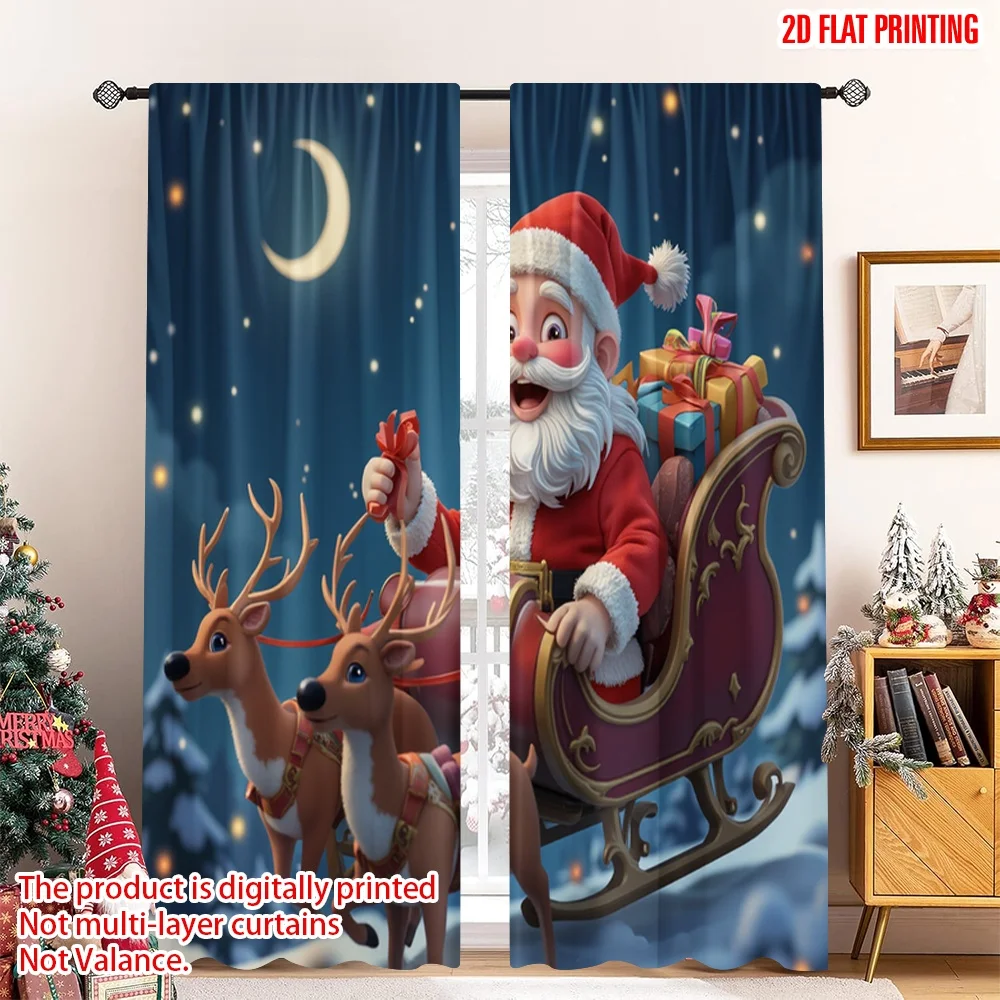 

2pcs 2D flat printing Merry Christmas Popular Party Window Curtains Santa Claus Sleigh Reindeer Flying 100% Polyester Fabric