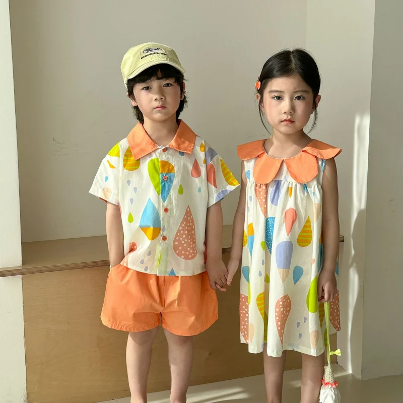Dopamine Brother and Sister Summer Outfits Children's Summer Suits for Boys2026New stylish holiday dress for baby girls