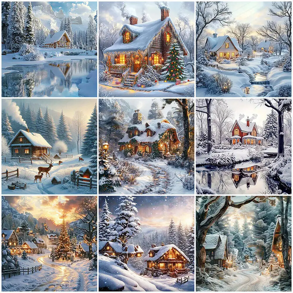 

Алмазная вышивка 5D DIY: Зимняя деревня, пейзаж, круглые стразы, мозаика, декор для дома, подарок