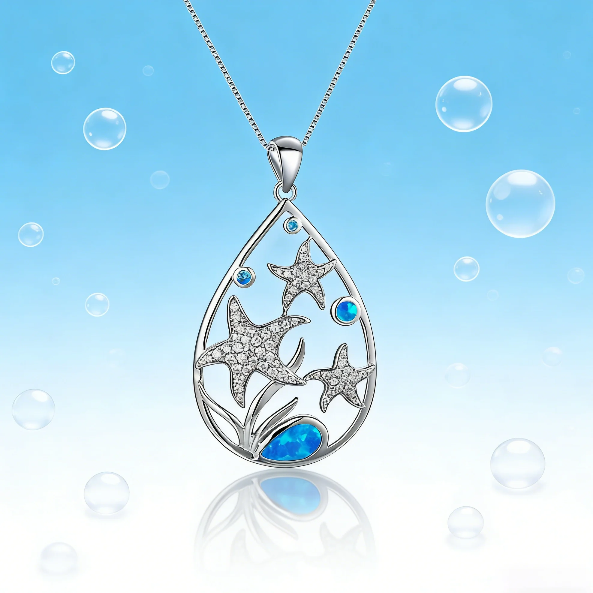 Dainty Ocean Blue Opal Necklace,Minimalist Teardrop with Star Cluster and CZ Accents,Hypoallergenic Gift for Her,Ready to Ship