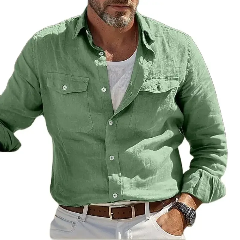 Stylish Solid Color Loose Long Sleeve Men Shirts Vintage Turn-down Collar Buttoned Pockets Cotton Shirt For Mens Autumn Cardigan