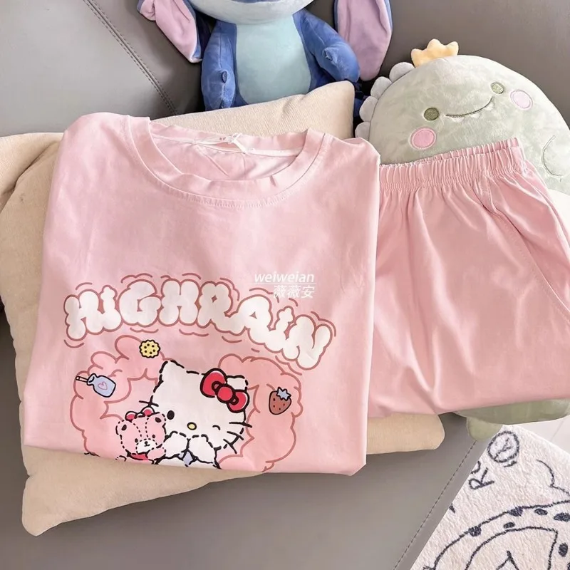 Hello Kitty Cartoon Cotton Short-sleeved Pajamas Girls Shorts Suit Summer Sweet Round Neck Student Soft Home Wear Set Loungewear