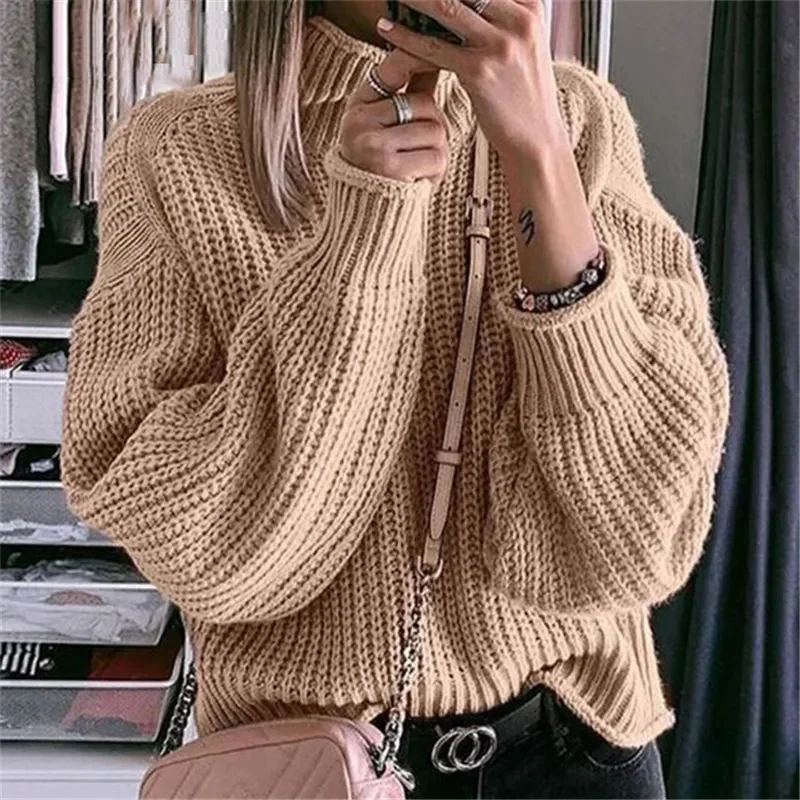 Women Casual Loose Jumper Turtleneck Sweaters Long Sleeve Knitted Tops Pullover Autumn Winter Oversized Women's Sweaters Purple