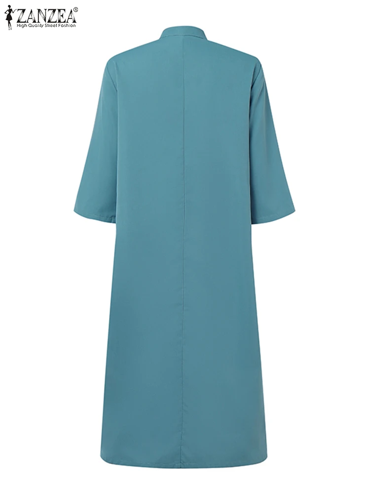 Elegante abito a metà polpaccio Vintage tinta unita vestito estivo estivo Stand Neck Robe 2025 ZANZEA Casual OL bottoni da lavoro manica 3/4 Vestido