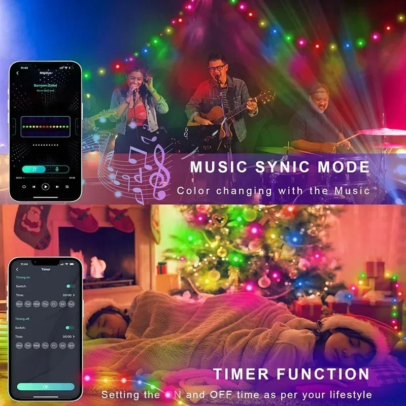 DIY Light String RBGIC Decorations Lights Bluetooth Connect App Contronl String Lights Room Decor for Chirsmas New Year Holiday