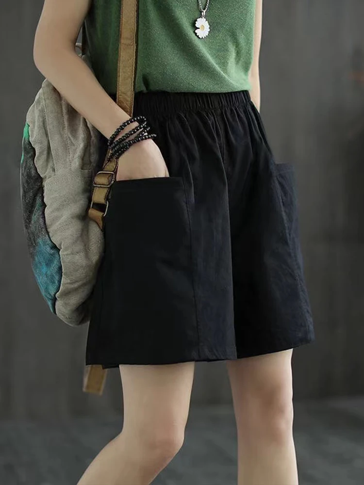 

Cotton Women Shorts Solid Color High Elastic Waist Loose Slim Fit Pocket Pants for 2024 Summer Fashion Female Clothing V17