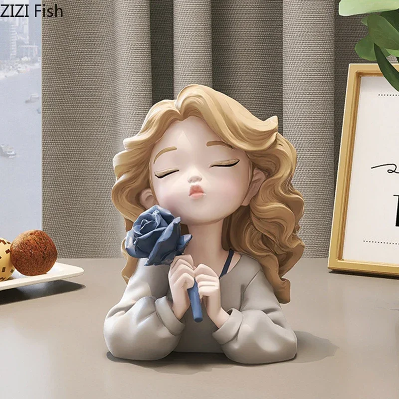 Wavy Blonde Hair Girl Figures Rose Flower Statue Decoration Desk Exquisite Character Resins Sculpture Room Aesthetics Decor