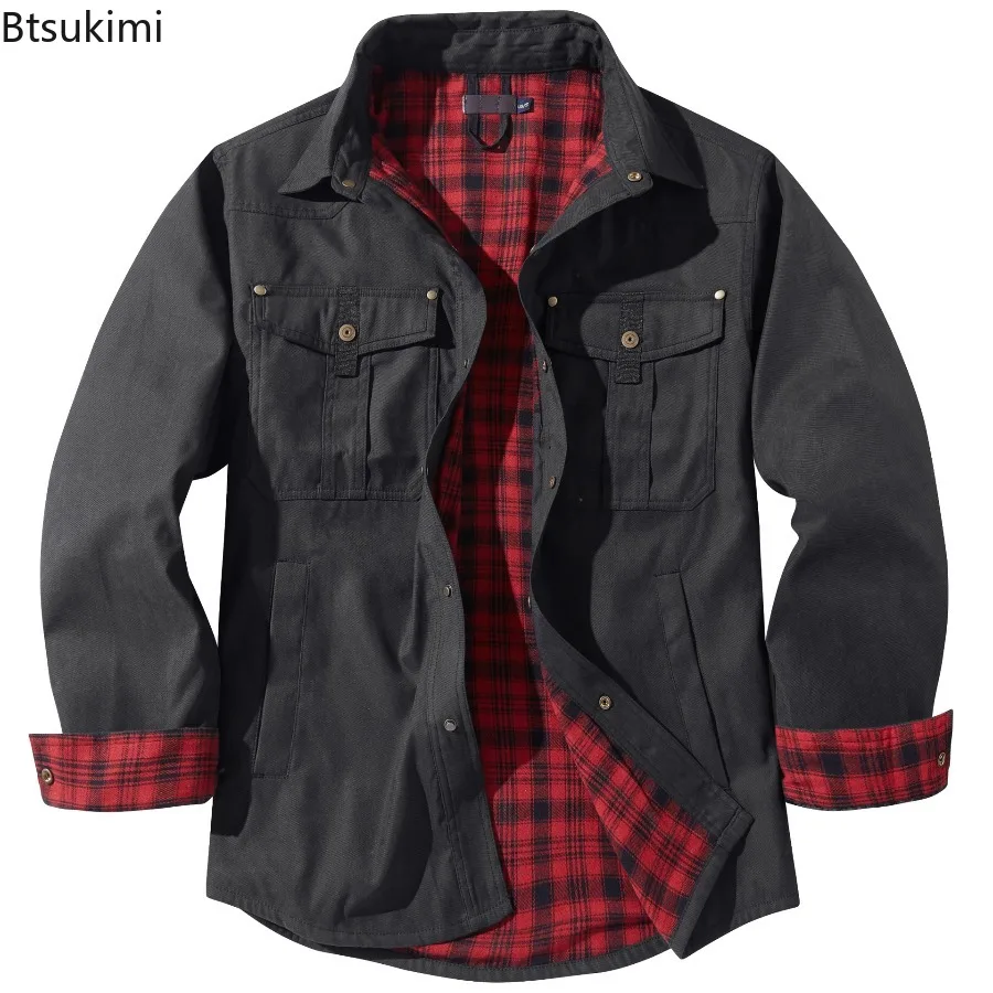 

Мужская фланелевая клетчатая рубашка на весну и осень, повседневная хлопковая теплая рубашка с лацканами в стиле ретро, тактическая ветровка, мужская одежда