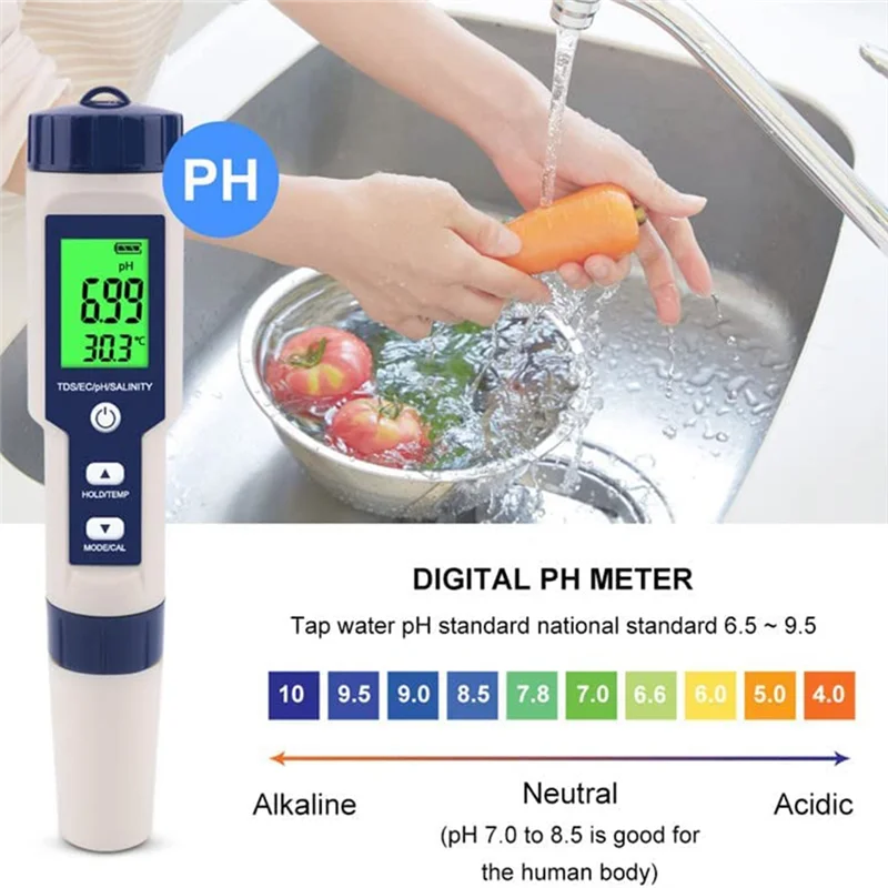 Waterproof Piscina Sal Tester, Medidor de salinidade Digital, alta precisão, Kit de Teste de Água Salgada, IP67, 5 em 1