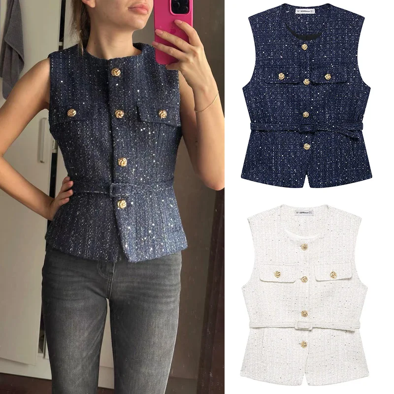 2025 Woman Fashion Tweed Texture Vest Casual Slim Versatile Women Single Breasted With Belt Tank Tops Summer Outerwear