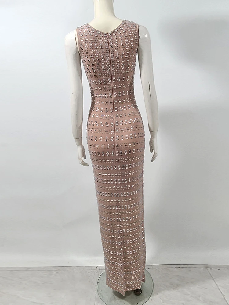 Sexy Sleeveless Mesh Sparkly Diamonds Long Dress Women O Neck Rhinestone Bodycon Dresses Evening Party Celebrity Gowns