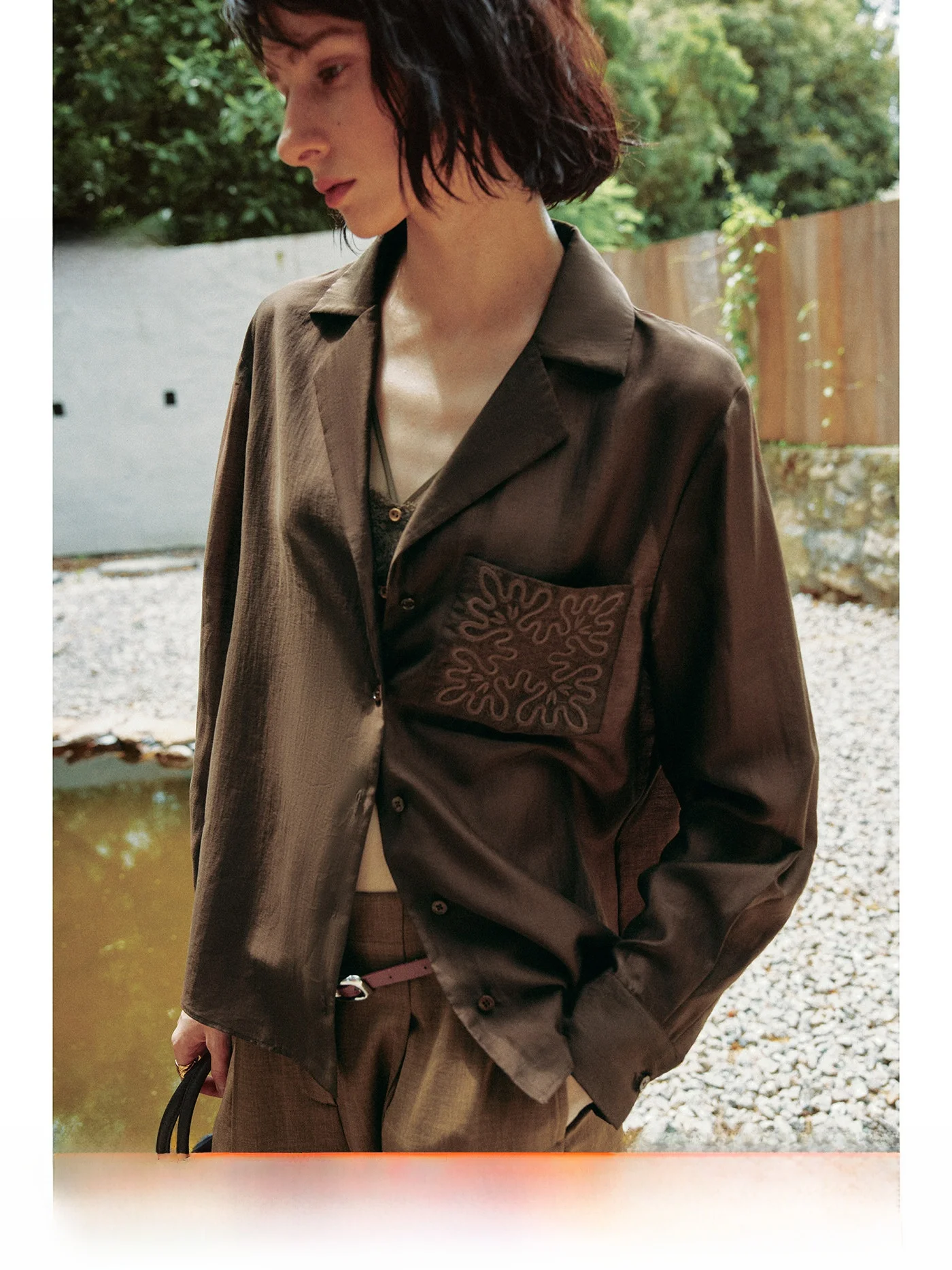 

Silk-Like Lightweight Brown Embroidered Loose Shirt Comfortable All-Match Women's Spring Fashion Breathable Long Sl...