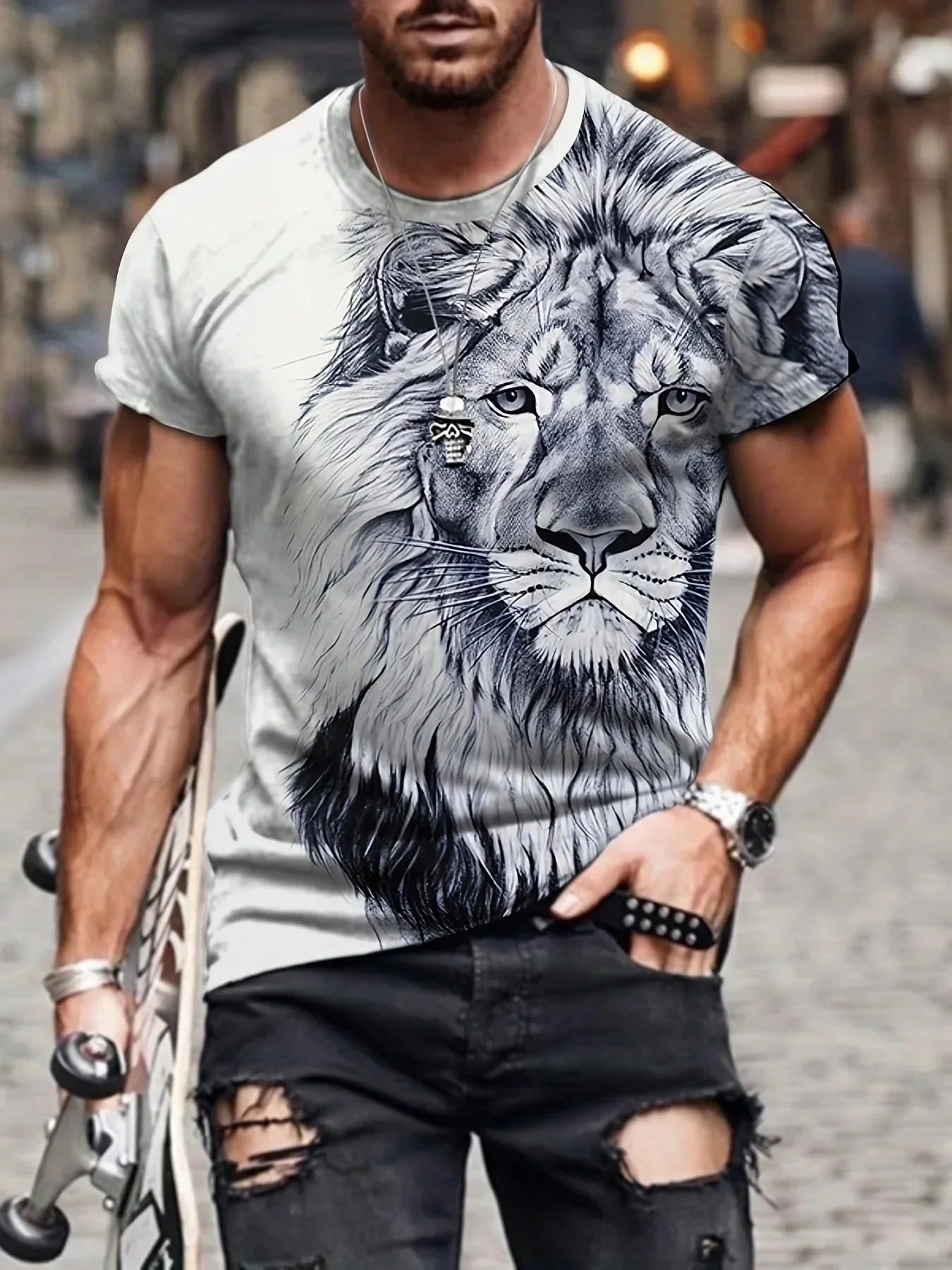 

2024 Men's 3D Graffiti Lion King Pattern T-shirt, Casual Cool Micro Stretch Breathable T-shirt, Outdoor Summer Men's Wear