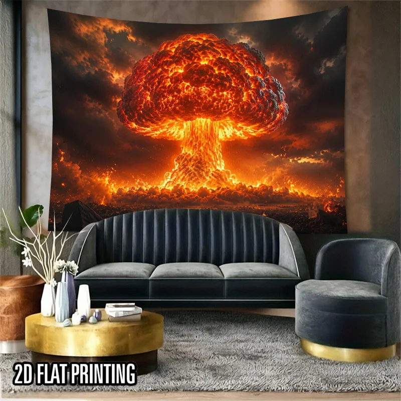 Fiery Volcano Eruption Tapestry, Dramatic Red Orange Lava Cloud Wall Hanging, Apocalyptic Fantasy Scene Bedroom Wall Art Decor