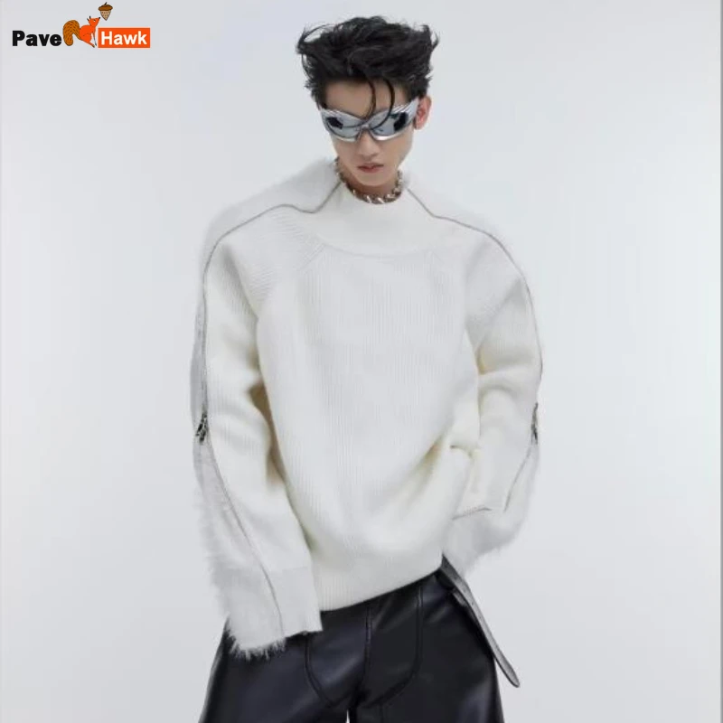 New Autumn Hip Hop Fashion Mens Sweater Shoulder Metal Double Head Zipper Solid Knitted Tops Plush Loose Y2k Unisex Pullover